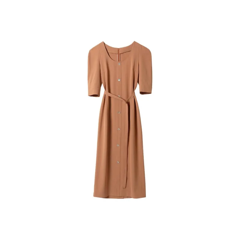 Roselingling Short Sleeved Dress Women's Red Tea Brown-0