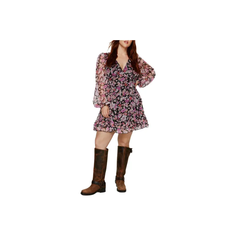 NASTY GAL Plus Size Floral Chiffon Lace Up Mini Dress Long-Sleeved Dresses Women's Black-0