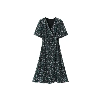 H-YXIANG Short-Sleeved Dresses Women's Black Background With Small Green Leaves