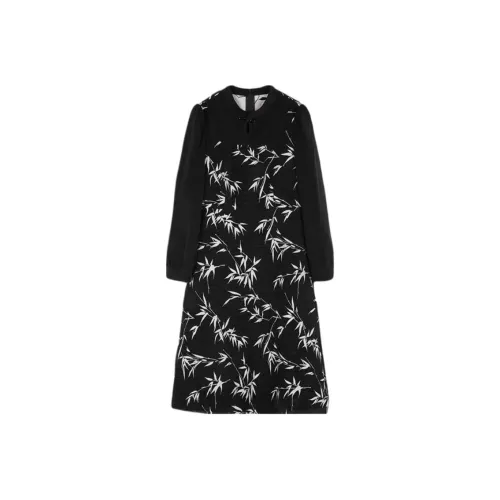 XWI Long-Sleeved Dresses Women's Black Background With White Flowers