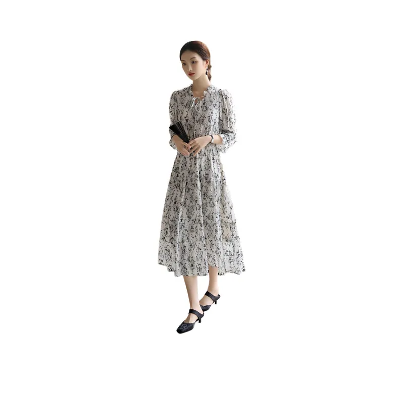 XWI Long-Sleeved Dresses Women's Beige Base With Black Flowers-0