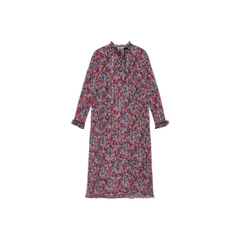 GANNI Red Pleated Georgette Midi Dress Long-Sleeved Dresses Women's Multicolor