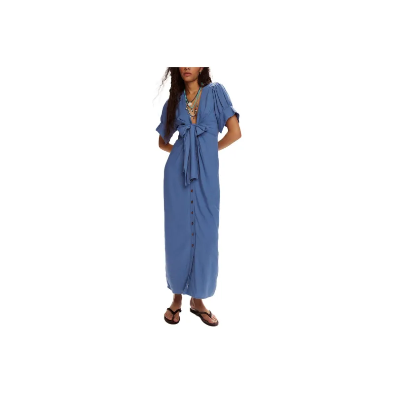 FREE PEOPLE Vintage Summer Midi Dress Short Sleeved Dress Women's Harbor Blue-0