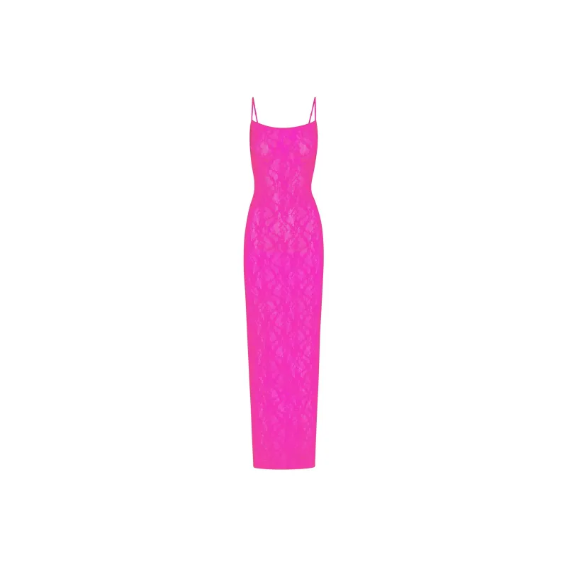 SKIMS STRETCH LACE CAMI LONG DRESS Slip Dresses Women's NEON PINK/Neon Pink-0