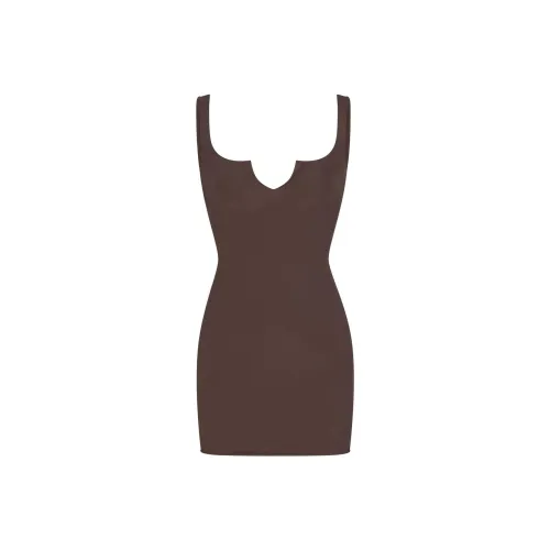 SKIMS SS24 RAW EDGE SLIT FRONT MINI DRESS Slip Dresses Women's ESPRESSO/Dark Coffee Color