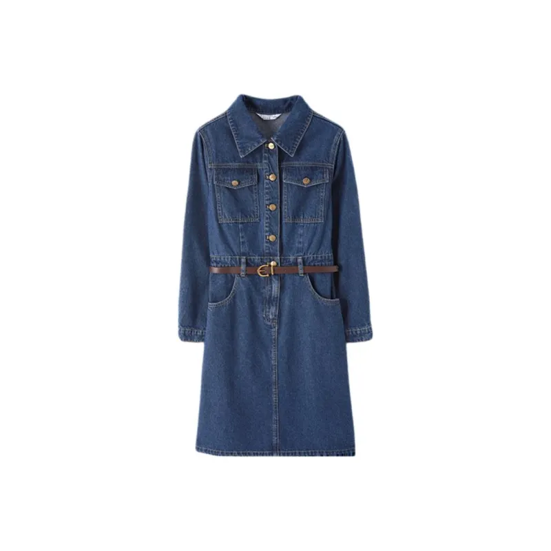 Mo Han Yi Mei Long Sleeved Dresses Women's Denim Blue-0