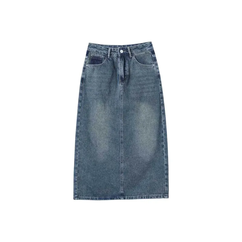 FAWENXIANGZI Denim Long Skirt Women's Vintage Blue-0
