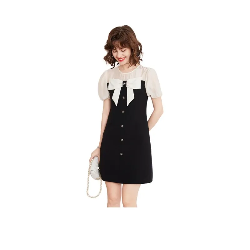 LOUISY AO Short-Sleeved Dresses Women's Black Spliced Rice Almond-0