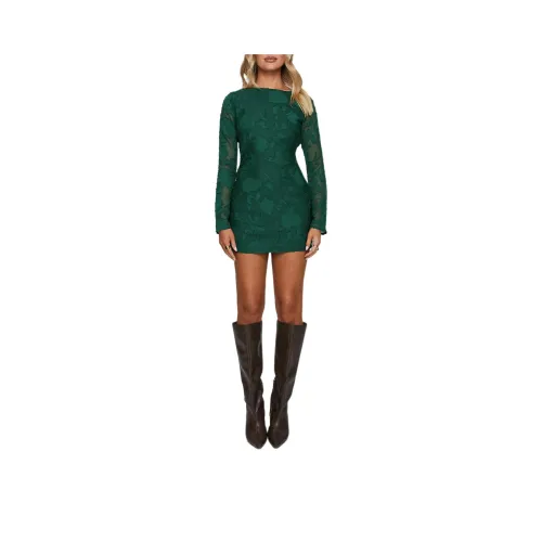 PRINCESS POLLY JADEE LONG SLEEVE MINI DRESS Long-Sleeved Dresses Women's Green Floral/Green Flowers