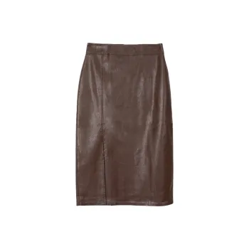 FAWENXIANGZI Leather Long Skirt Women's Coffee
