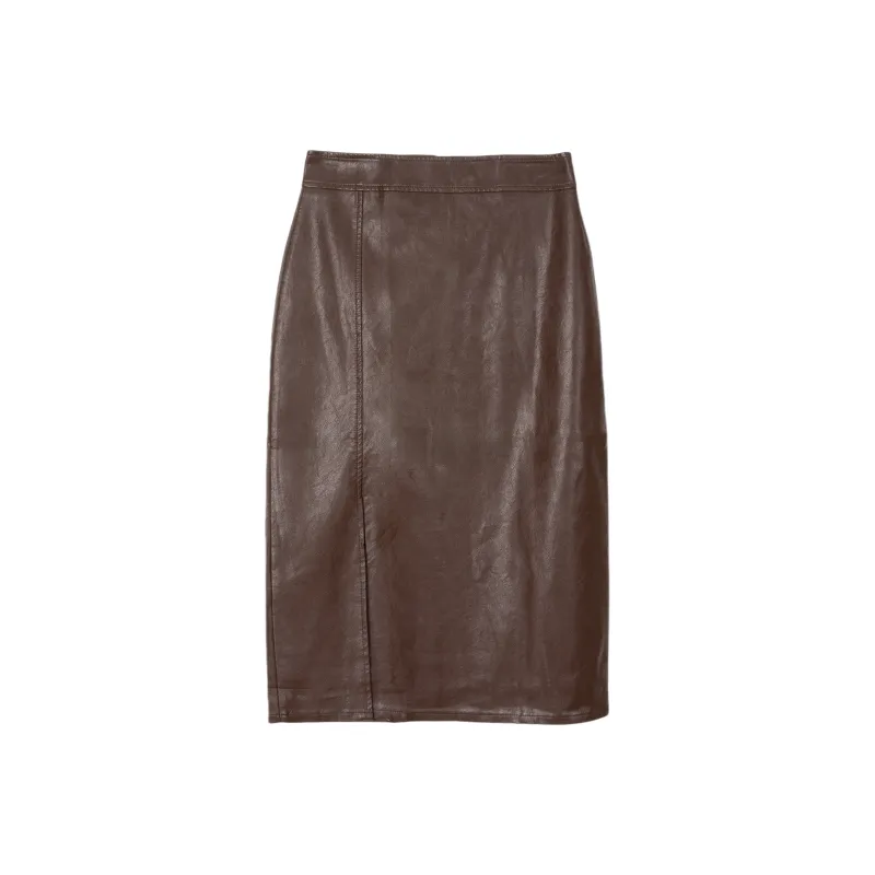 FAWENXIANGZI Leather Long Skirt Women's Coffee-0