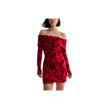 NASTY GAL Floral Devore Ruched Mini Dress Long-Sleeved Dresses Women's Red