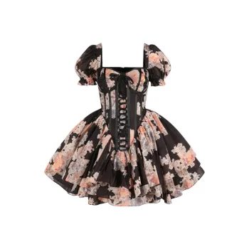 Selkie Collection Short Sleeved Dress Women's Black With Dusk Orange Glow Print