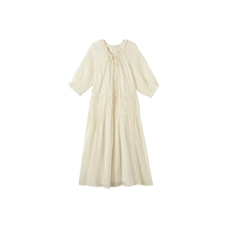 【dme】 Long Sleeved Dress Women's Light Beige Yellow-0