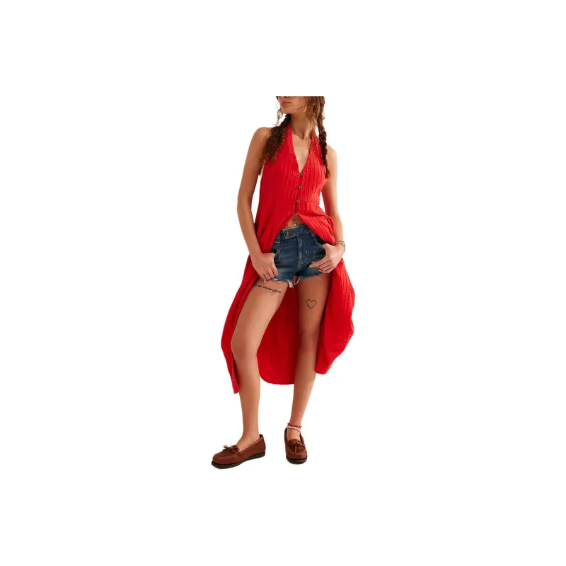 FREE PEOPLE Vintage Romance Bustle Midi Sleeveless Dress Women's High Risk Red-0