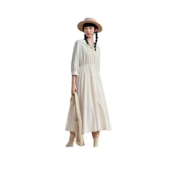 ZIHAN Long Sleeved Dress Women's Beige With Stripes