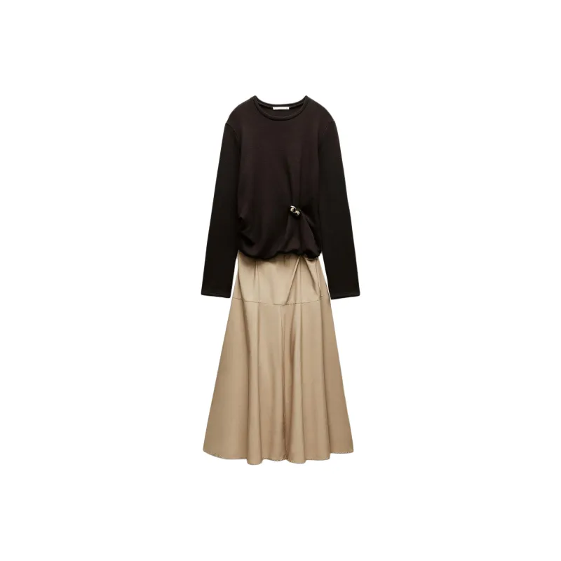 ZARA Long-Sleeved Dresses Women's Beige Brown-0