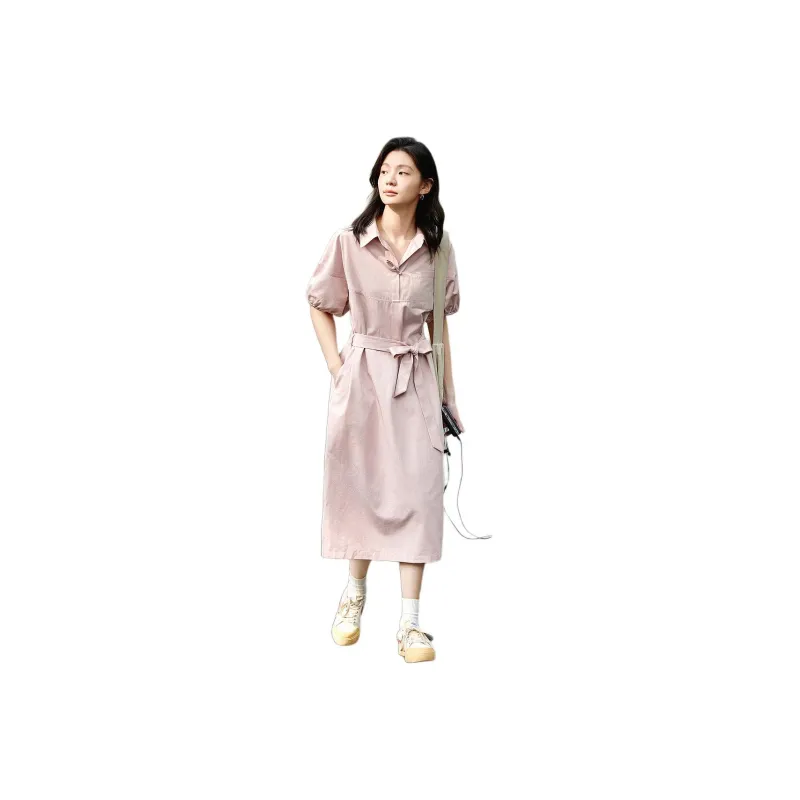 【dme】 Short Sleeved Dresses Women's Leather Pink-0