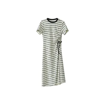Fstudio Short Sleeved Dresses Women's Black Beige Stripes