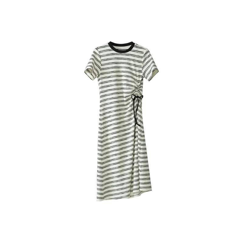 Fstudio Short Sleeved Dresses Women's Black Beige Stripes-0