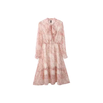 VIMLY Long Sleeved Dresses Women's Apricot Base Pink Floral