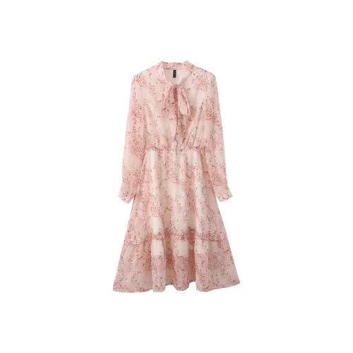 VIMLY Long-Sleeved Dresses Women's Apricot Base Pink Floral