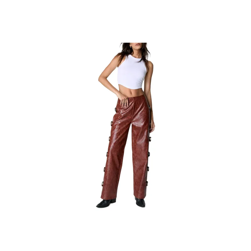 NASTY GAL Distressed Faux Leather Buckle Detail Trouser Leather Pants Women's Rusty Red-0