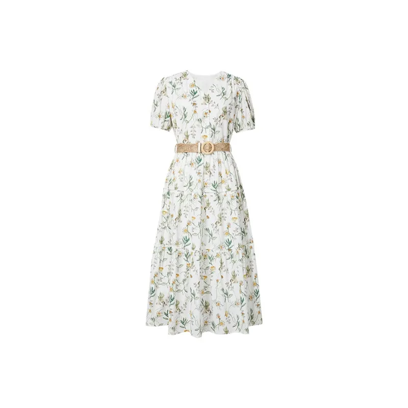 Hopeshow Short Sleeved Dress Women's White With Floral-0