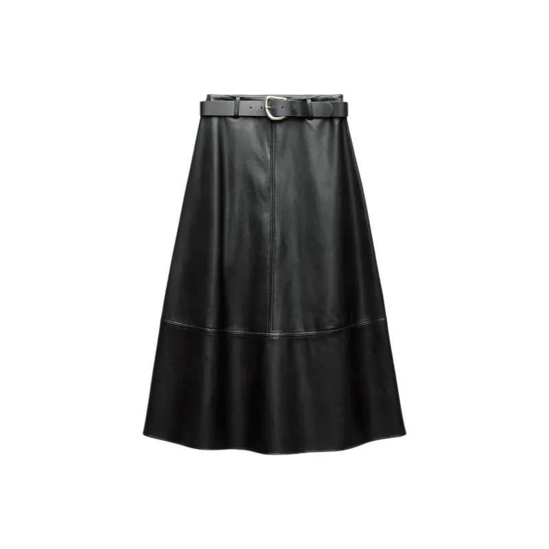 ZARA Leather Long Skirts Women's Black-0