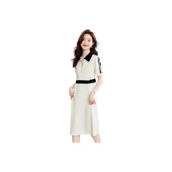 Mo Han Yi Mei Short Sleeved Dresses Women's Ecru Color Blocking Black