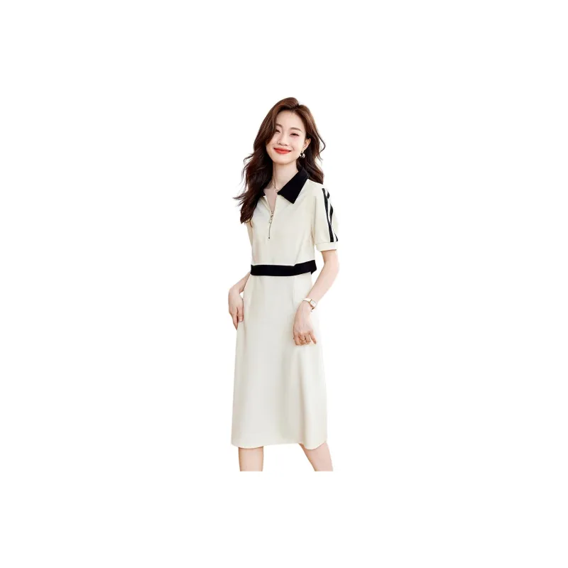 Mo Han Yi Mei Short-Sleeved Dresses Women's Ecru Color Blocking Black-0