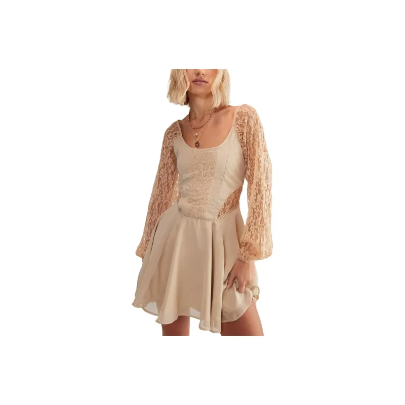 NASTY GAL Lace Insert Skater Mini Dress Long-Sleeved Dresses Women's Nude-0
