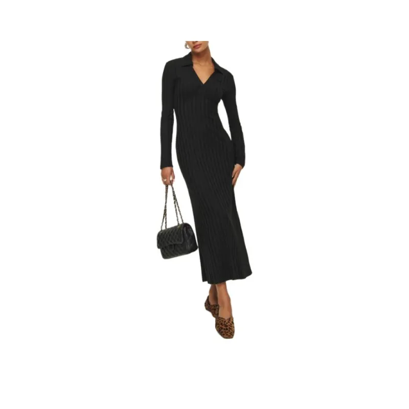 REFORMATION Blaire Knit Dress Long-Sleeved Dresses Women's Black-0