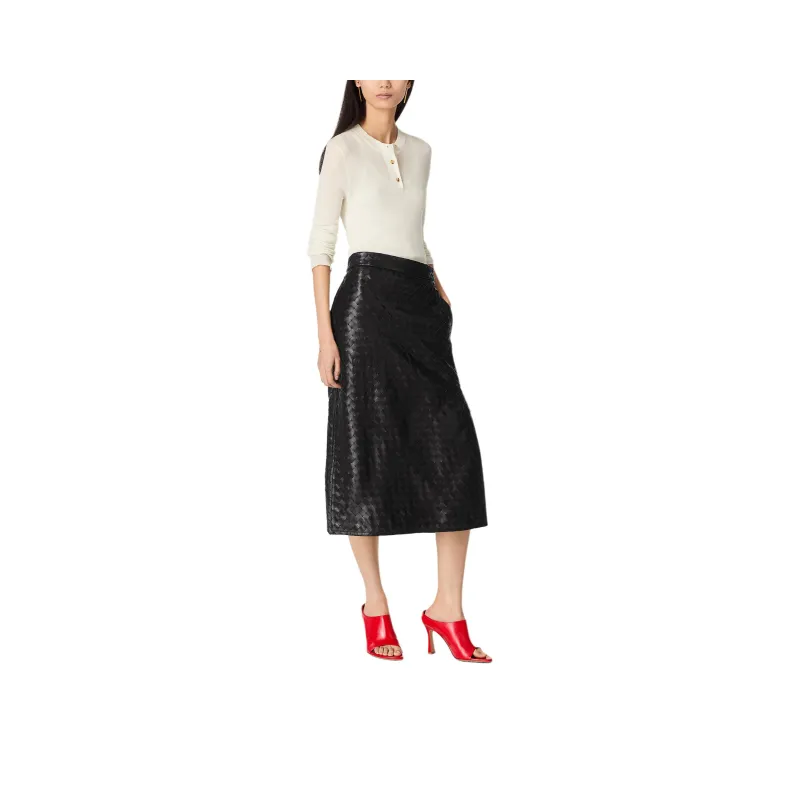 Bottega Veneta SS25 Leather Long Skirt Women's Black-0