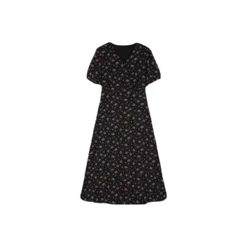 Mo Han Yi Mei Short Sleeved Dress Women's Black With Purple Floral