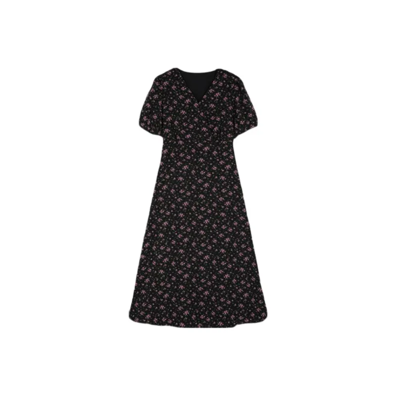 Mo Han Yi Mei Short Sleeved Dress Women's Black With Purple Floral-0