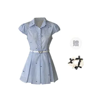 TORIGHT Short Sleeved Dress Women's Blue With Belt+Bowknot Hair Tie Comes With