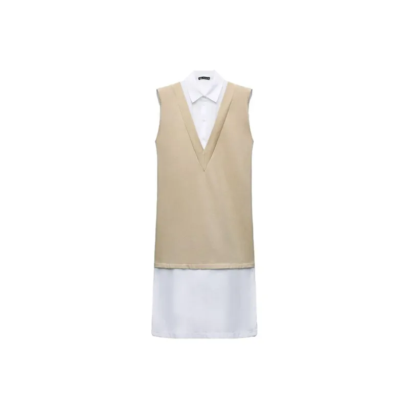 ZARA Sleeveless Dress Women's Camel/White-0