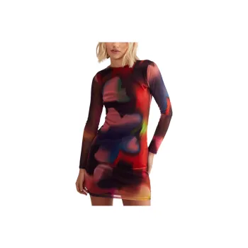 NASTY GAL Blurred Printed Mesh Long Sleeve Backless Tunic Mini Dress Long-Sleeved Dresses Women's Multicolor