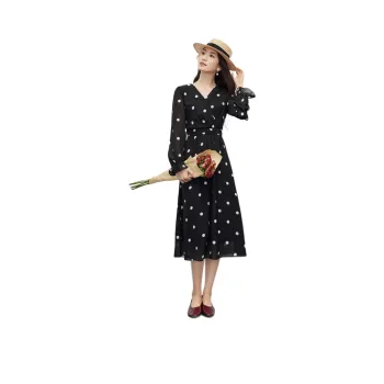 Hopeshow Long-Sleeved Dresses Women's Black Base With White Dots