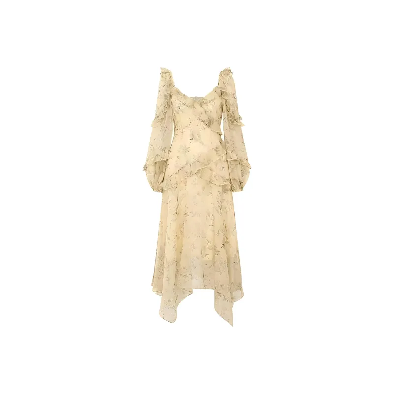 KKX Long-Sleeved Dresses Women's Apricot Printed Skirt-0