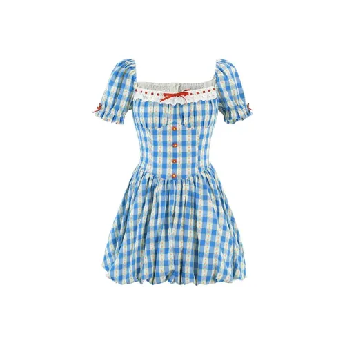 Peaches Peaches Short Sleeved Dress Women's Blue Plaid
