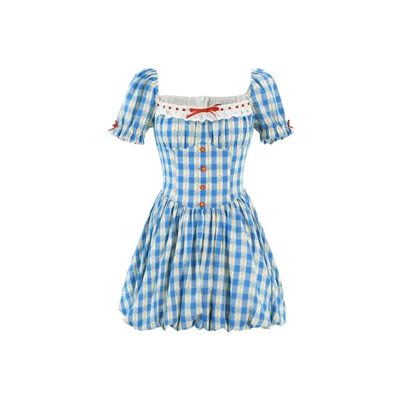 Peaches Peaches Short Sleeved Dress Women's Blue Plaid-0