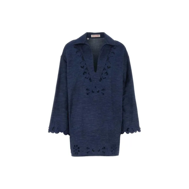 Valentino V-Neck Long-Sleeved Denim Dress-0