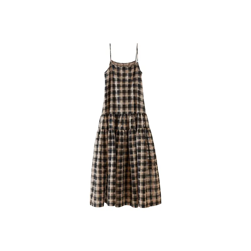 NancyCavally Slip Dress Women's Brown Coffee Plaid-0