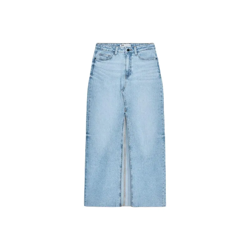 ZARA Denim Long Skirt Women's Light Blue-0