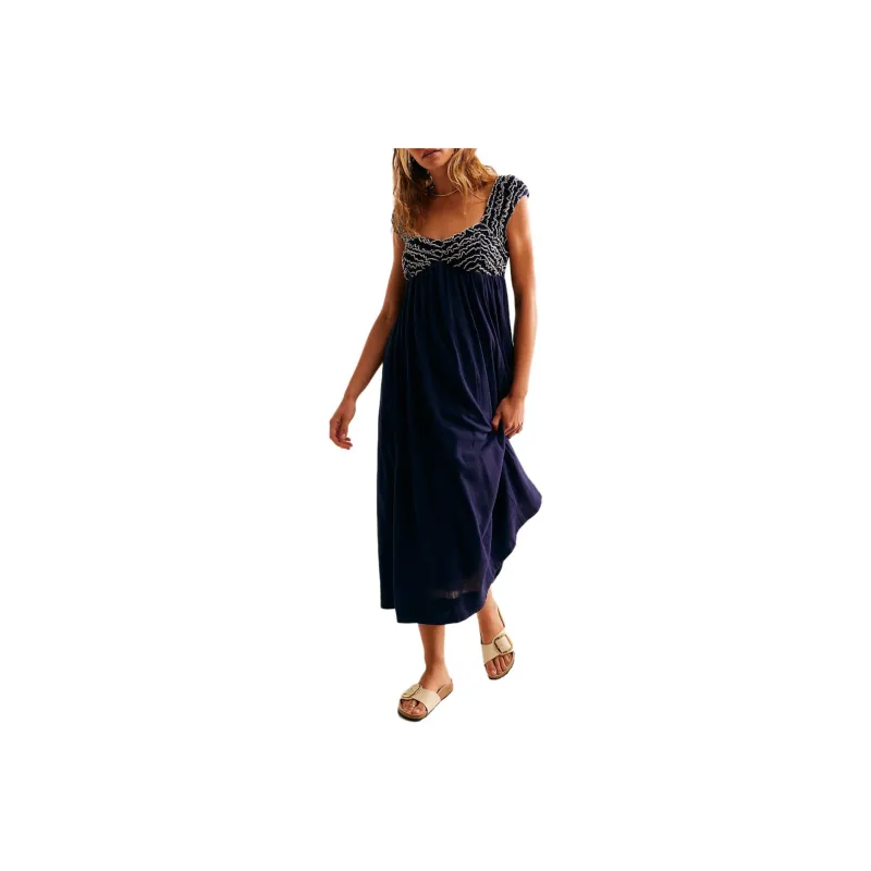 FREE PEOPLE Feel The Frill Midi Sleeveless Dress Women's Navy/Marine Blue-0