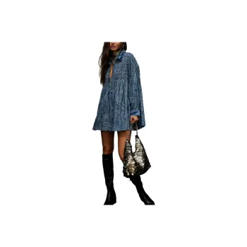 FREE PEOPLE Lucille Corduroy Mini Dress Long-Sleeved Dresses Women's Dark Blue Combination