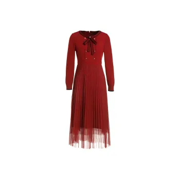 QIAOWANNI Long Sleeved Dresses Women's Burgundy Red