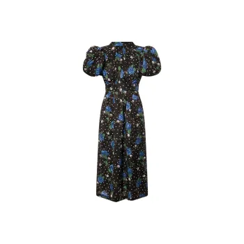 Rotate Satin Floral Printed Puff-Sleeved Midi Dress